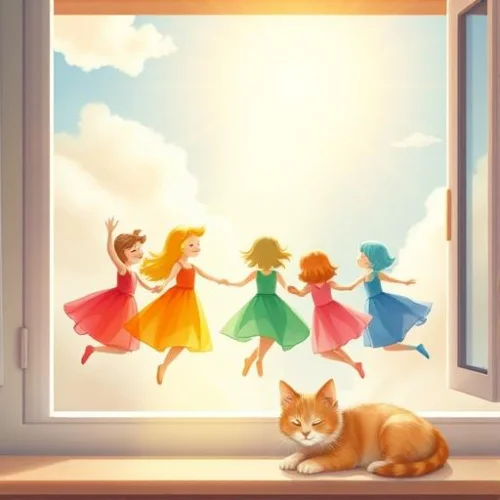 Ilustrácia k rozprávke: Sedem farebných sestričiek a tajomstvo dúhy