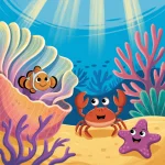 Ilustrácia k rozprávke: Zázračné narodenie sopečného ostrova: Dobrodružstvo v hlbinách mora