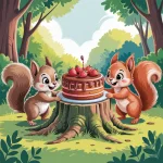 Ilustrácia k rozprávke: Veveričky a spravodlivé delenie: Ako sa Čip a Čap naučili deliť koláč
