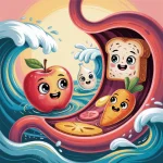 Ilustrácia k rozprávke: Malé dobrodružstvo v Adamovom brušku: Ako enzýmy premieňajú jedlo na energiu