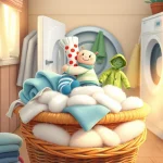 Ilustrácia k rozprávke: Dobrodružstvá Pásika a Bodky: Stratené ponožky v krajine práčky