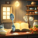 Ilustrácia k rozprávke: Malé lyžičky a recept na radosť: Dobrodružstvo v kuchárskej knihe