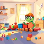 Ilustrácia k rozprávke: Leo Chameleon a Záhada Stratených Vagónikov: Detektívna Hra v Detskej Izbe